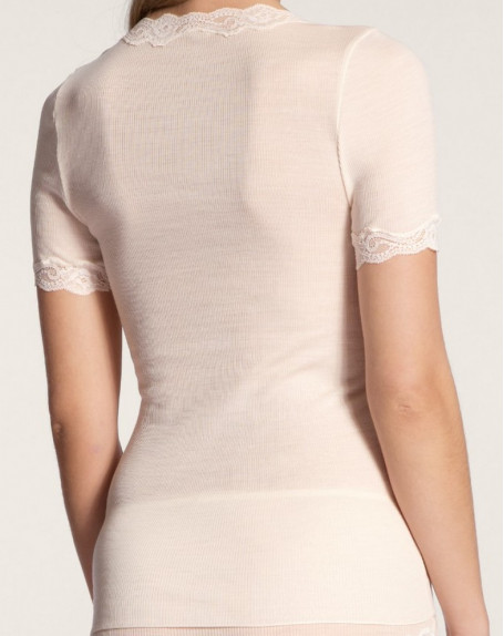 Short-sleeved Top Calida Richesse Lace Wool & Silk (Light Ivory)