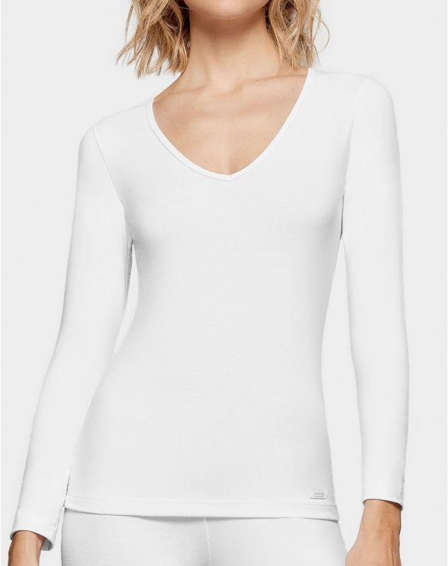 Camiseta térmica manga larga cuello en V (Blanco)