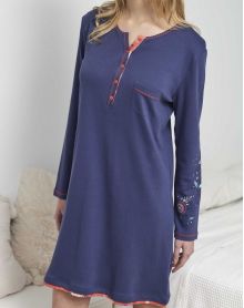 Long-sleeved nightdress 100% cotton Massana Bleu Indigo
