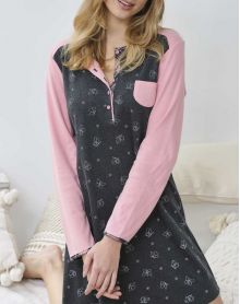Long-sleeved buttoned nightdress Massana Anthracite Rose
