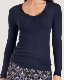 Long sleeves top Calida Richesse Lace Wool & Silk (Eclipse Blue)