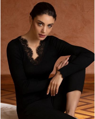 Long sleeves tee-shirt wool and silk Lise Charmel Plaisir Caresse (Black)