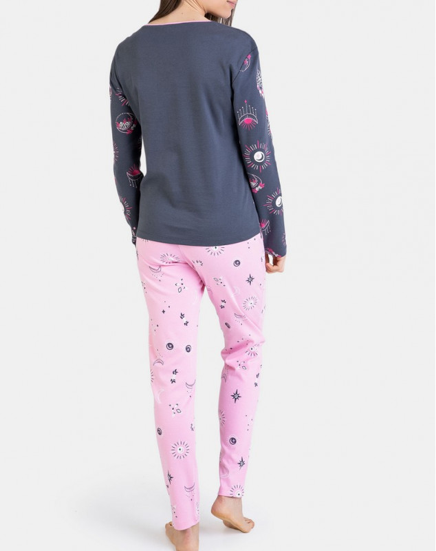 Pyjama Femme 100% Coton, Rose, Automne, Manches Longues, Boutons