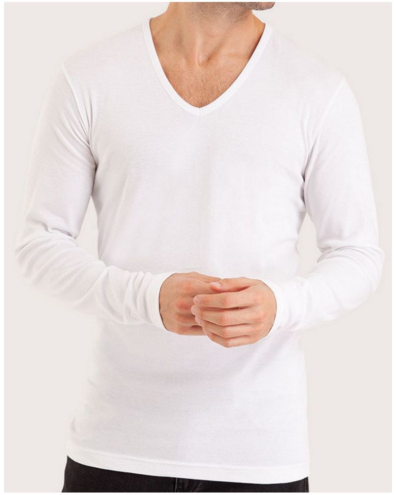 Long-sleeved V-neck t-shirt Eminence 100% cotton (White)