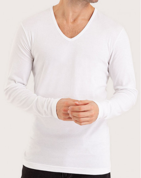 T-shirt manche longue col V Éminence 100 % coton Premium (Blanc)