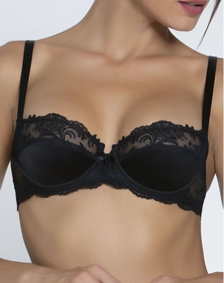 Black padded push-up bra with Leavers lace trim
