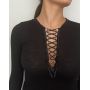 Long-sleeved V-neck top with lacing Moretta Laine et soie (Black)