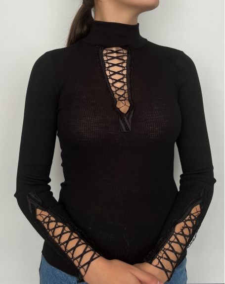 Long-sleeved V-neck top with lacing Moretta Laine et soie (Black)