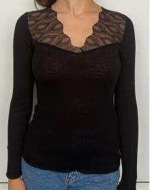 Long sleeves V-neck top Moretta Laine et soie (Black)