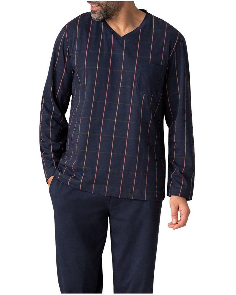Eminence long pyjamas in 100% cotton jersey (Carreaux Marine)