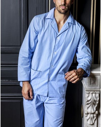 Pijama largo abierto en 100% algodón tafetán Mariner (Azur)