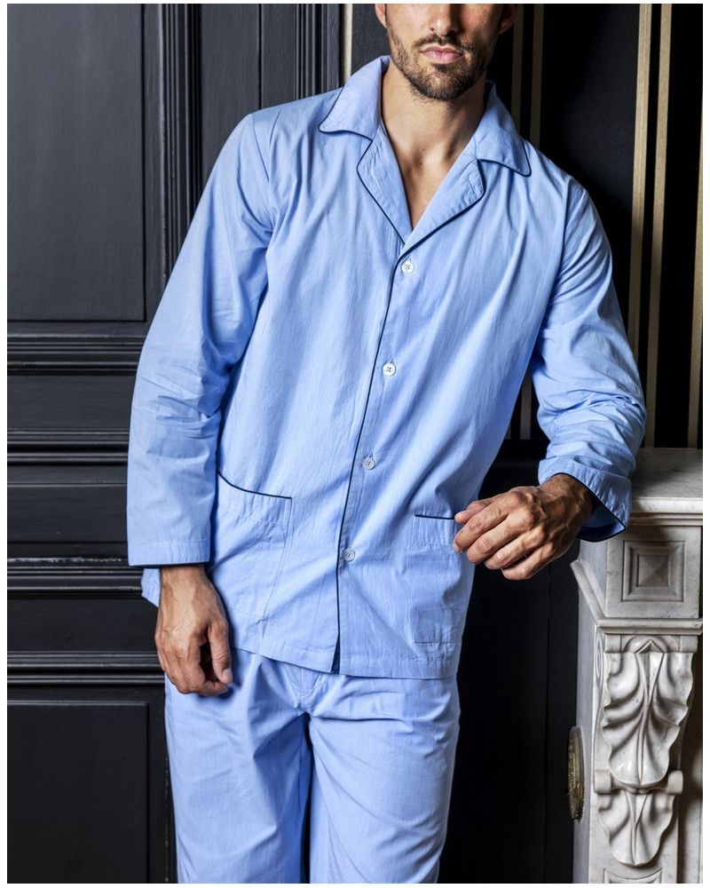 Long open pajamas in 100% cotton plain weave Mariner (Azur)