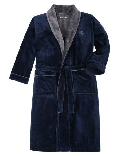 Long bicolour bathrobe 100% cotton terry velvet Mariner (Marine)