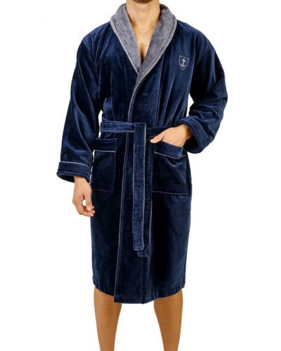 Peignoir long bicolore 100 % coton velours éponge Mariner (Marine)
