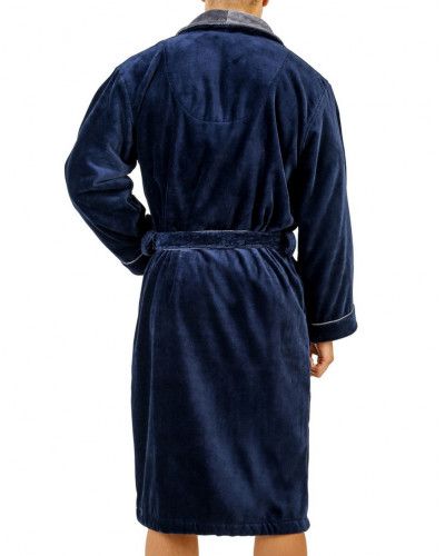 Long bicolour bathrobe 100% cotton terry velvet Mariner (Marine)