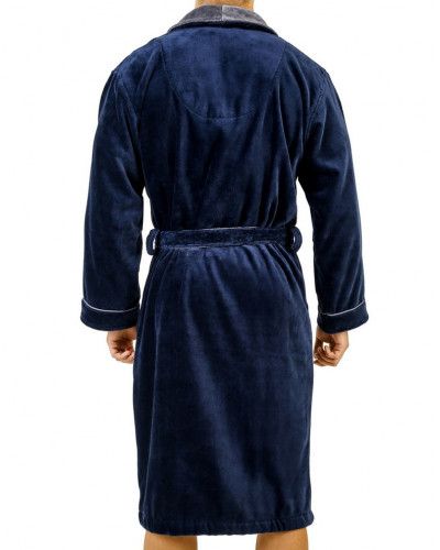 Long bicolour bathrobe 100% cotton terry velvet Mariner (Marine)