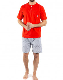 Pyjama court encolure boutonnée 100% Coton Mariner (Rouge/Gris)