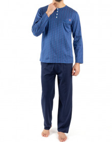 Long pajamas 100% mercerized cotton Jersey Mariner (Bleu)
