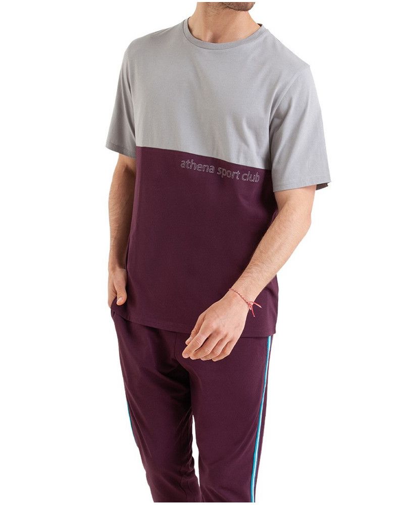 Pijama largo de manga corta 100% algodón Athena Club (Gris/Aubergine)