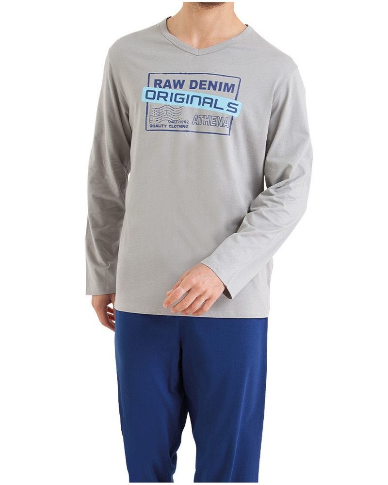 Long pyjamas 100% cotton Athena Ecopack Sérigraphie (Gris/Bleu)