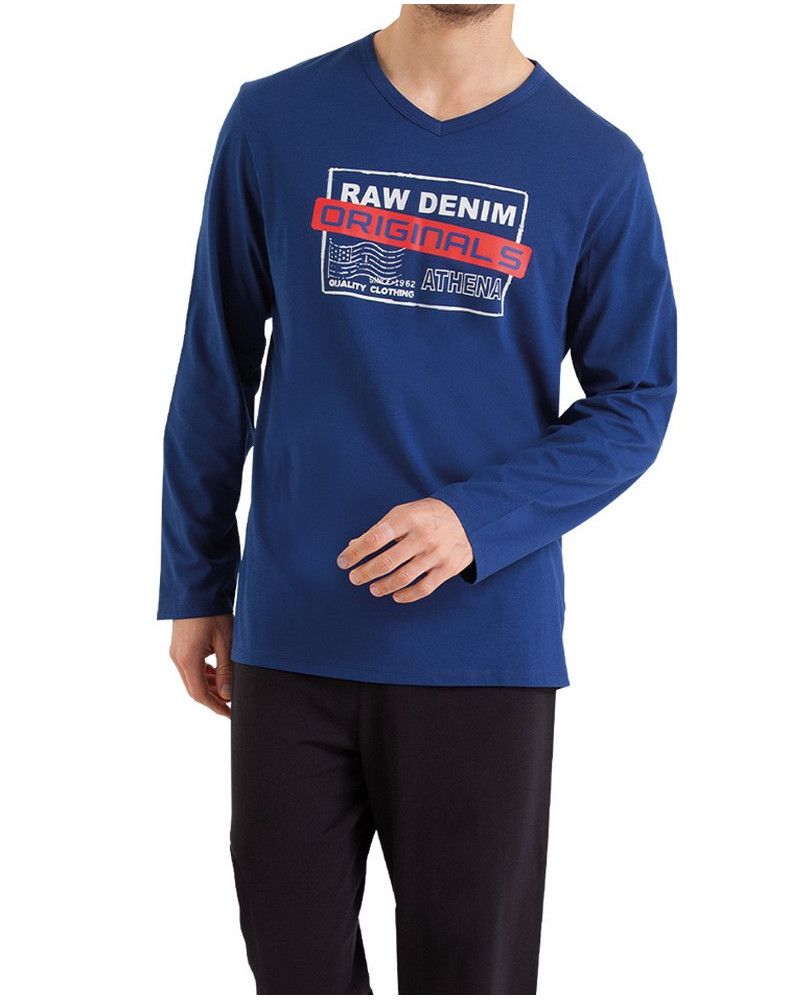 Pijama largo 100% algodón Athena Ecopack Sérigraphie (Bleu/Noir)