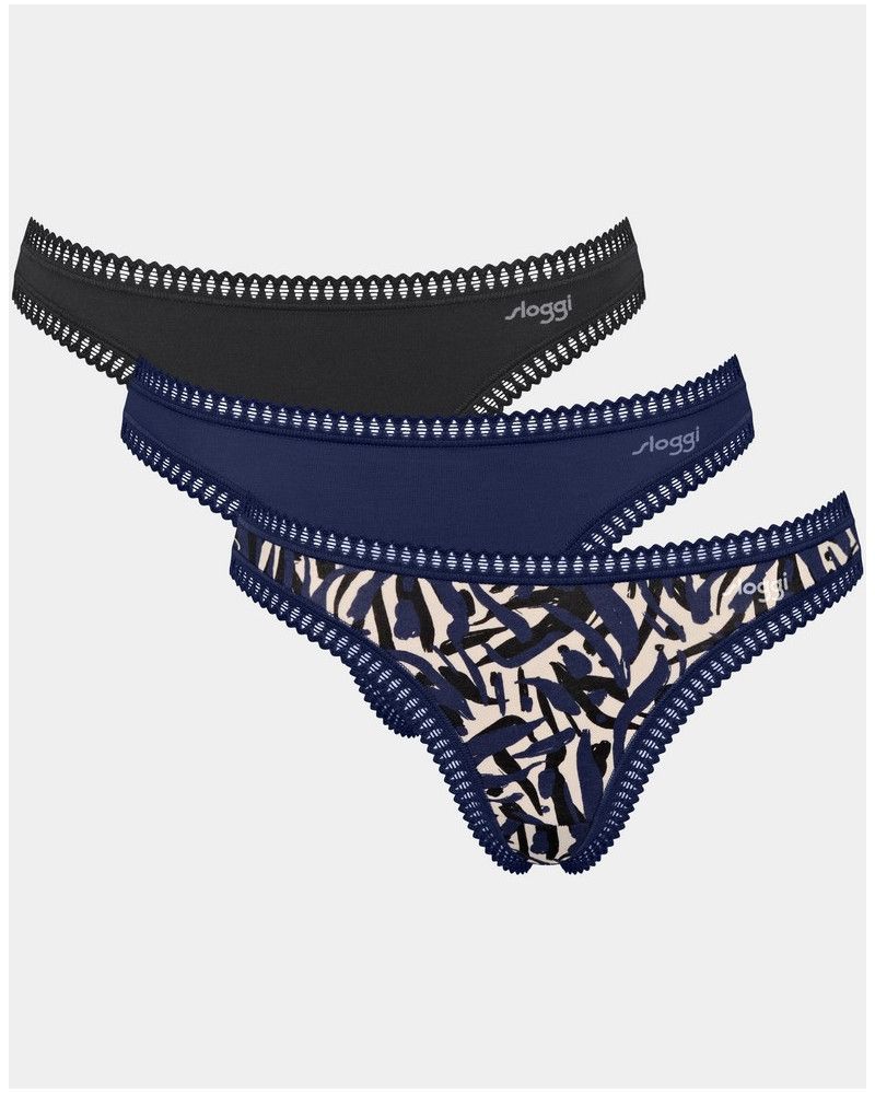 String coton Sloggi Go Crush (Lot de 3) (Imprimé/Noir/Marine)