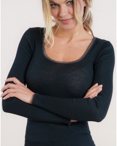Top manches longues Moretta laine et soie (Noir)