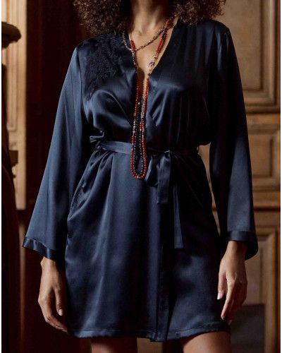 Short 100% silk negligee Baccarat Marjolaine (Black)