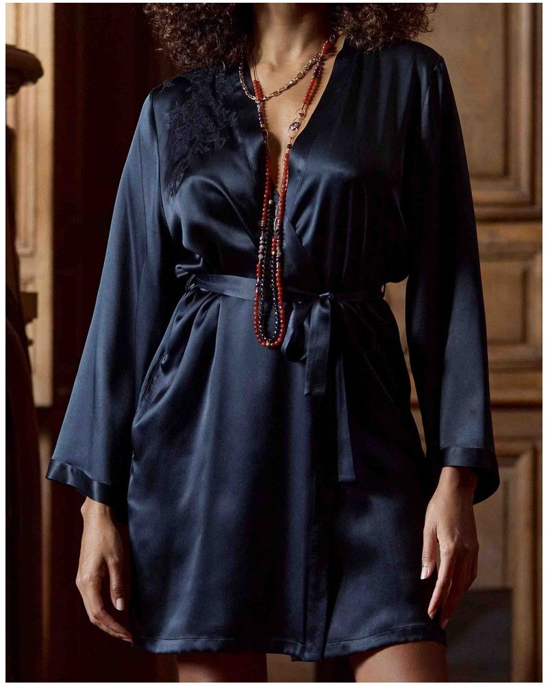 Short 100% silk negligee Baccarat Marjolaine (Black)