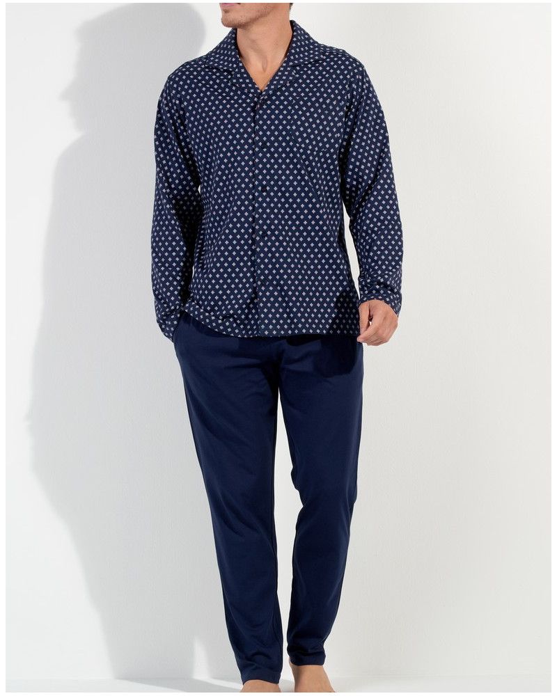 Long buttonned pajamas 100% Cotton HOM Salvador (Imprimé Marine)