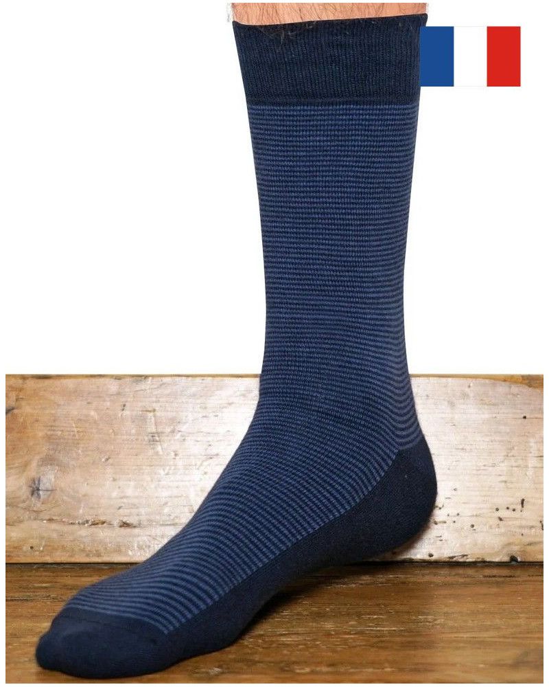 Men's cotton socks with fine stripes by Maison Broussaud (Marine/Bleu)