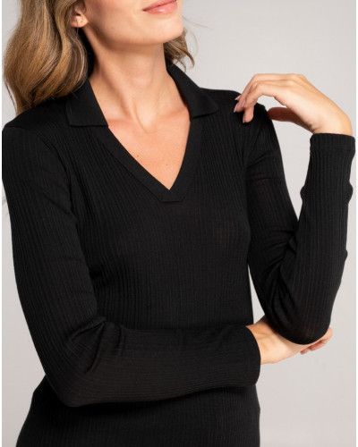 Polo lana y seda con cuello V Oscalito 7460 (Negro)