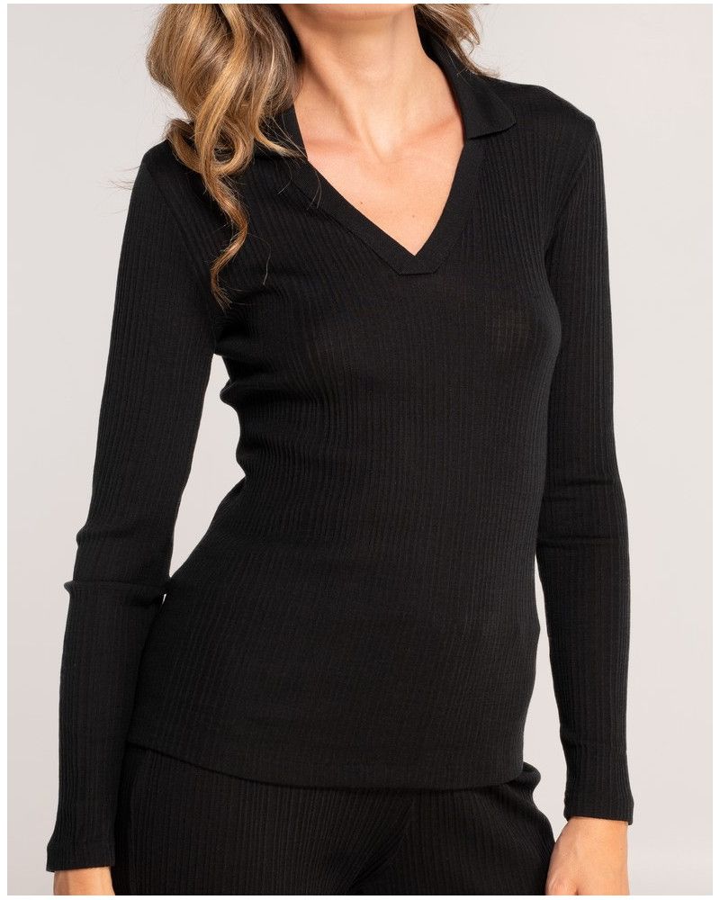 Polo lana y seda con cuello V Oscalito 7460 (Negro)