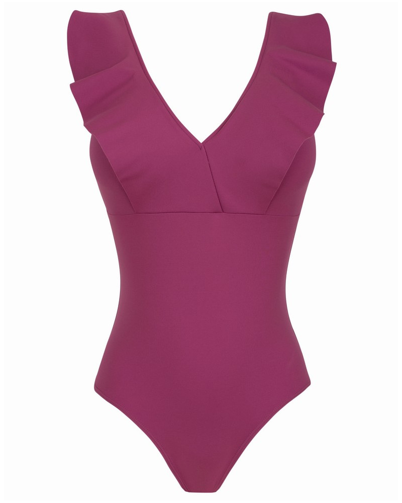 Maillot de bain avec bonnets souples. Tissu aspect tricot. Fermeture à