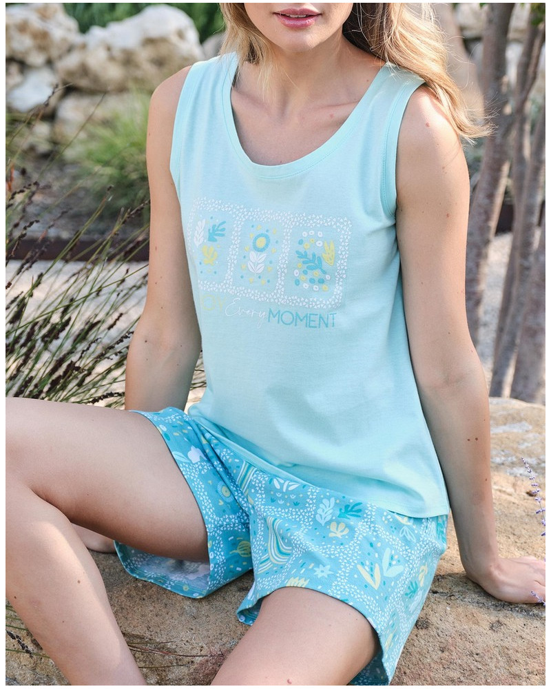 Short tank top pyjamas 100% cotton Massana (Imprimé Bleu)