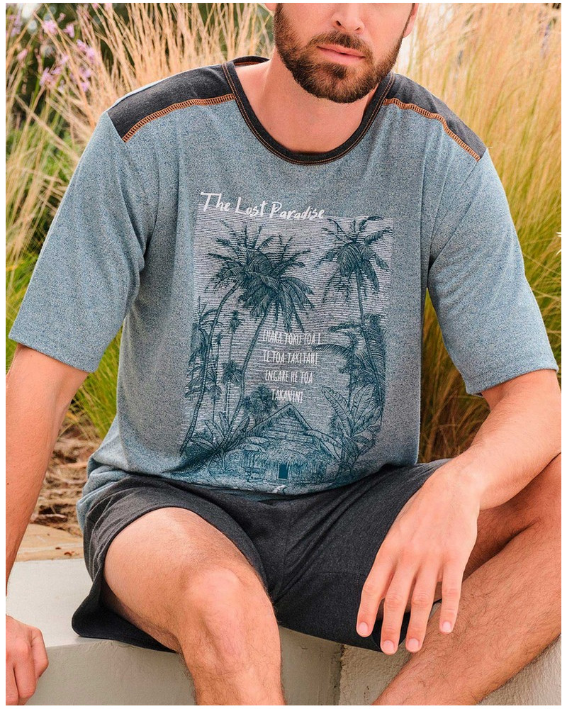 Short pyjamas Massana cotton Grey palm (Grey Print)