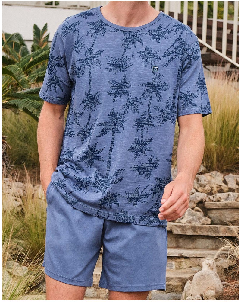 Short pyjamas Massana Palm tree 100% cotton (Imprimé Bleu)