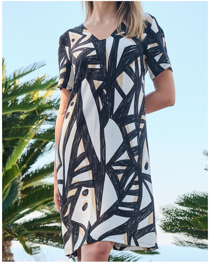Vestido de playa mangas cortas Massana (Imprimé Noir & Blanc)