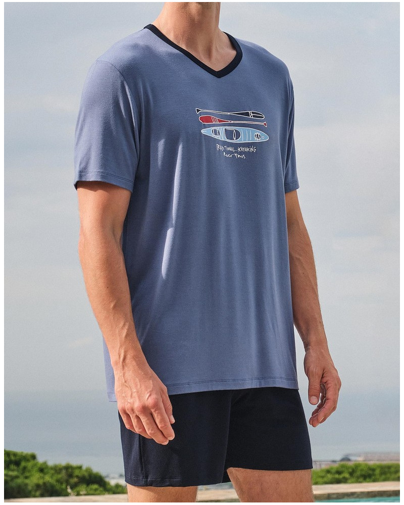 Short pajamas V-neck Massana (Bleu)