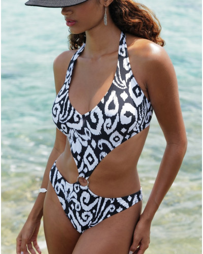 One-piece trikini swimsuit Antigel La Balinaise (Ikat Noir Blanc)