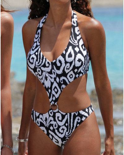 One-piece trikini swimsuit Antigel La Balinaise (Ikat Noir Blanc)