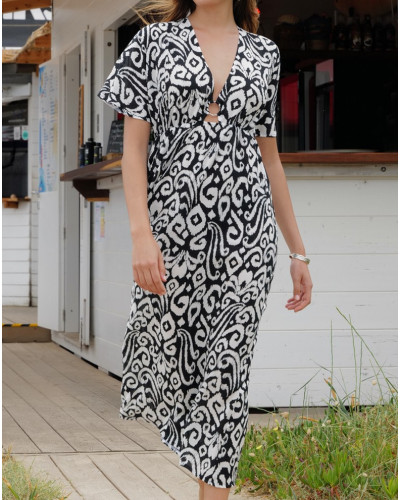 Caftan long de plage Antigel La Balinaise (Ikat Noir Blanc)