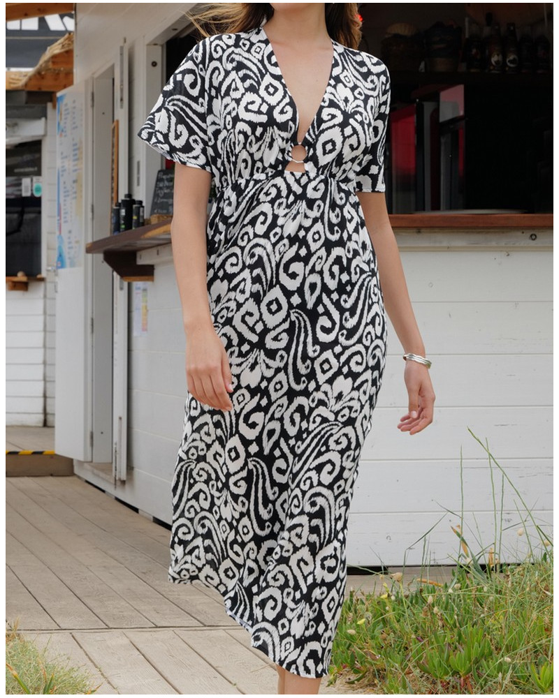 Caftan long de plage Antigel La Balinaise (Ikat Noir Blanc)