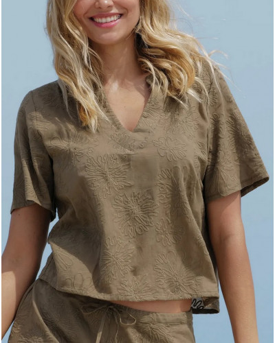 Top de playa de manga corta 100% algodón Antigel La Bohème (Kaki Bronze)