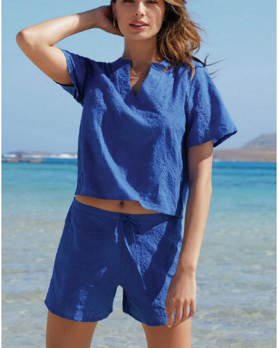 Beach top short-sleeved 100% cotton Antigel La Bohème (Bleu tonic)