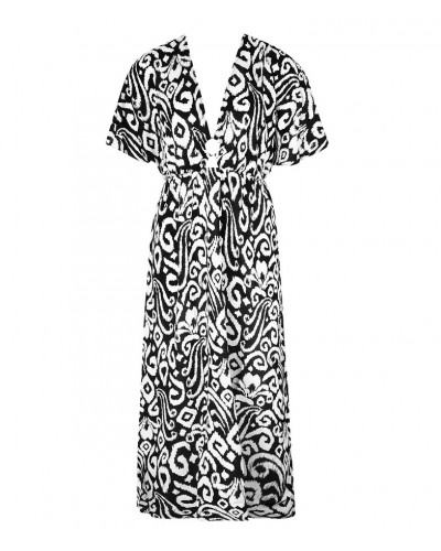 Caftan long de plage Antigel La Balinaise (Ikat Noir Blanc)