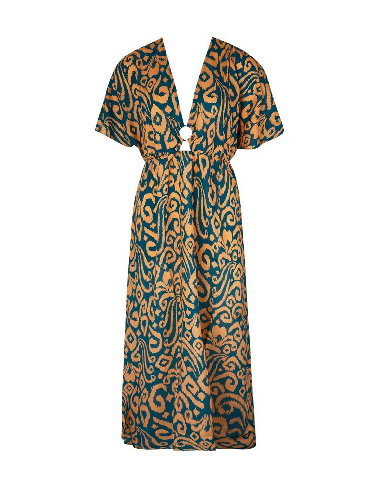 Caftán largo de playa Antigel La Balinaise (Ikat Vert Orange)