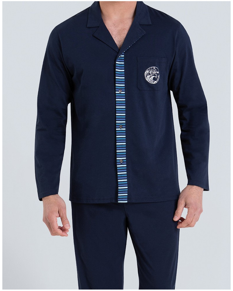 Long pyjama 100% cotton Athena Rayures Waves (Bleu/Marine)