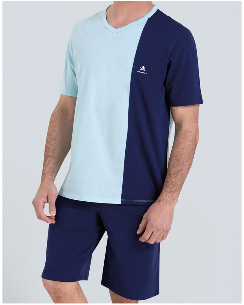 Short pyjama Athena 100% cotton Ecopack construction (Menthe/Marine)