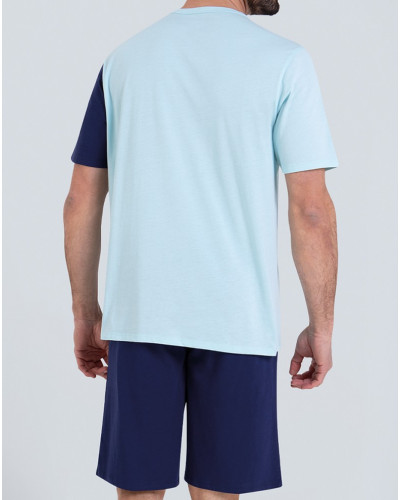 Pyjama court Athena 100% coton Ecopack construction (Menthe/Marine)